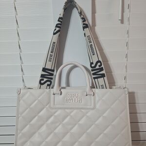 Steve Madden Cream Quilted Tote with Logo Strap